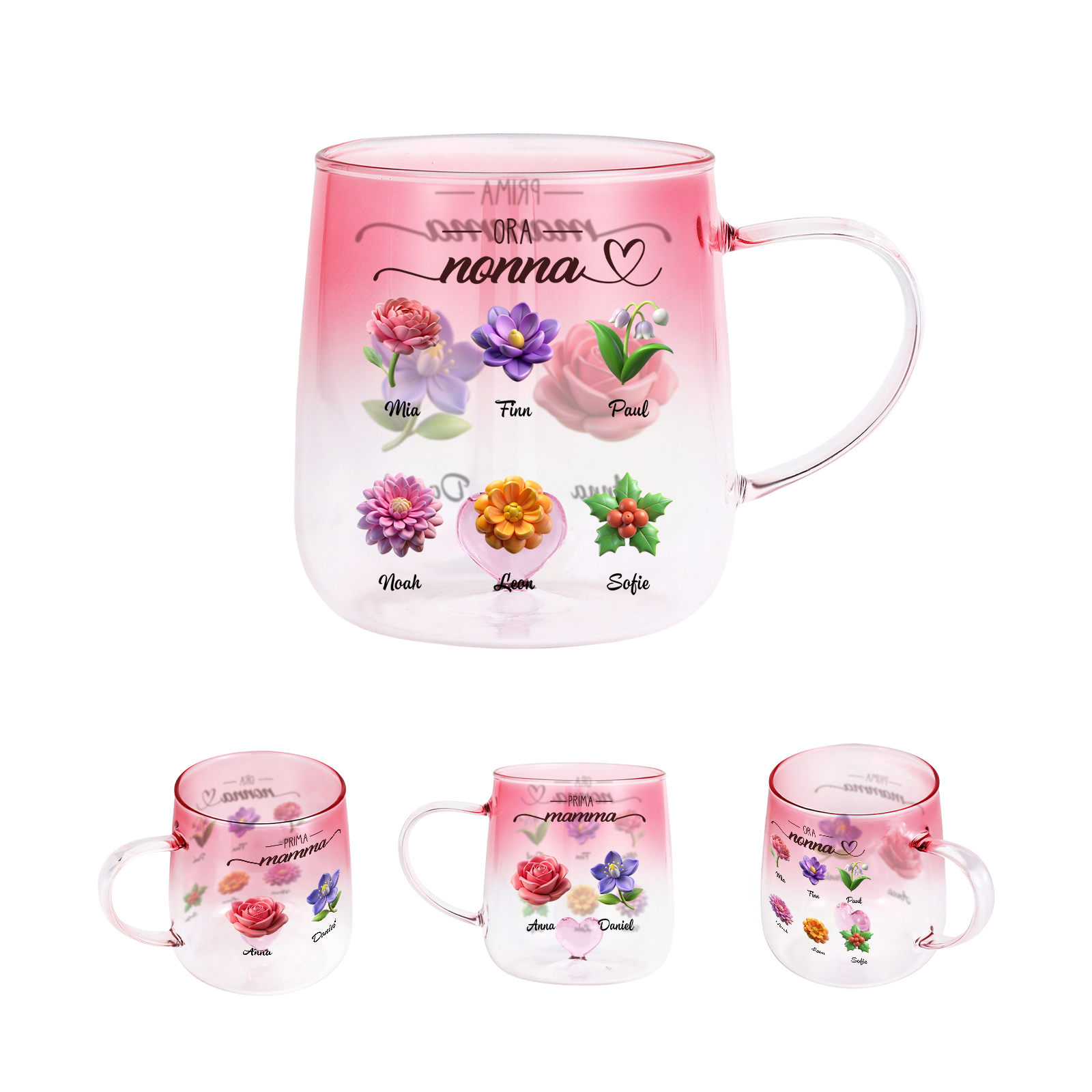 Tazza in vetro rosa sfumato, fiori e nomi personalizzati