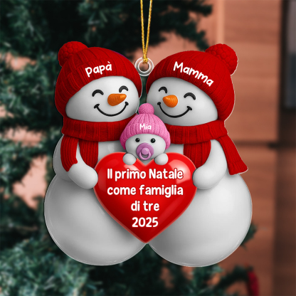 Decorazione per albero di Natale personalizzata con 3 pupazzi di neve per neogenitori
