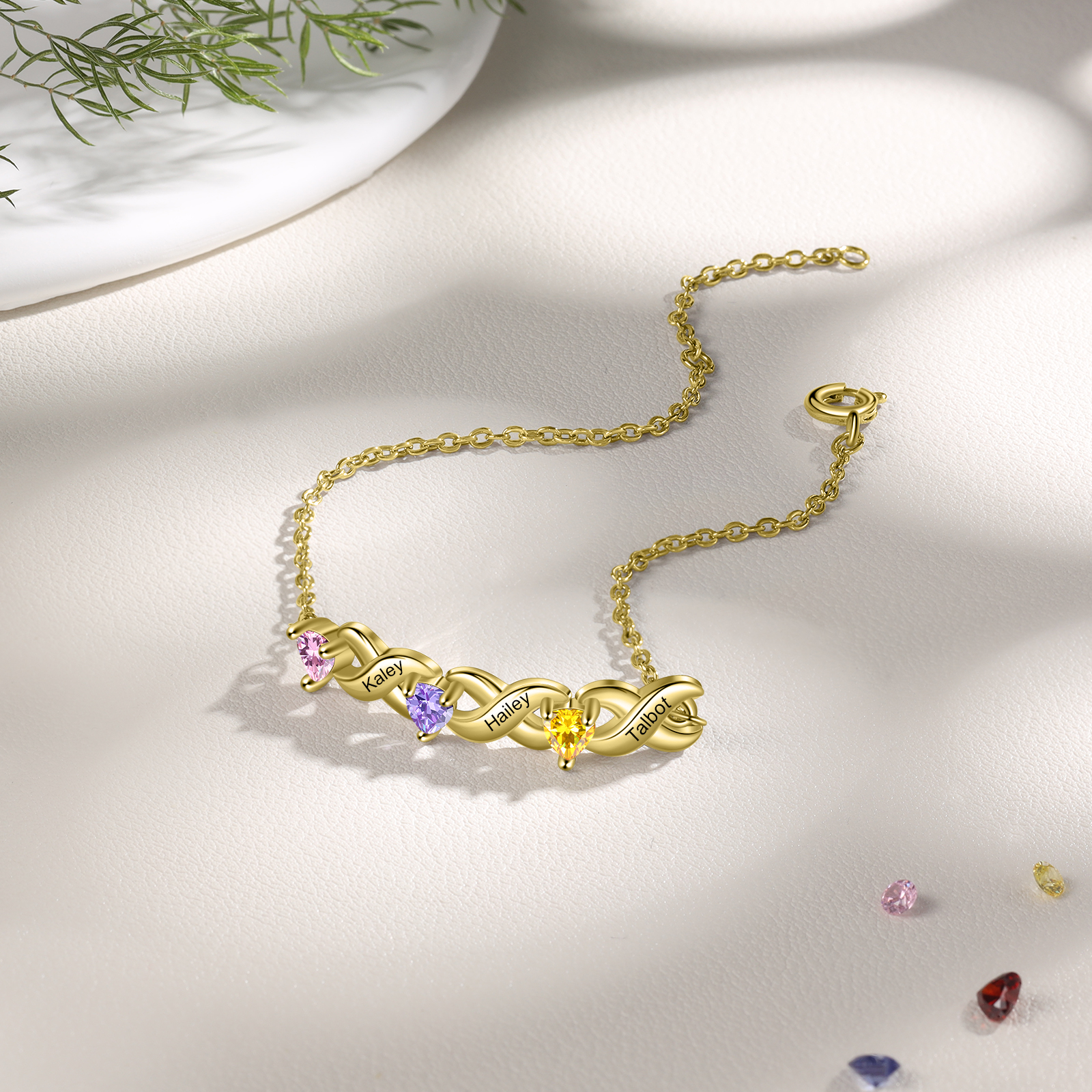 Braccialetto personalizzato con 3 nomi e 3 cuore pietre di nascita regalo per donna