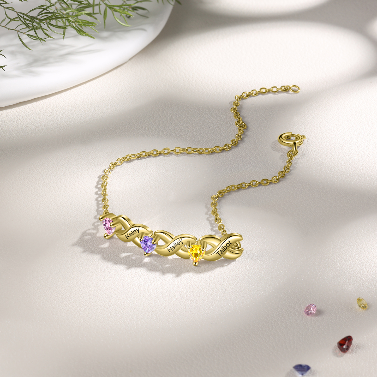 Braccialetto personalizzato con 3 nomi e 3 cuore pietre di nascita regalo per donna