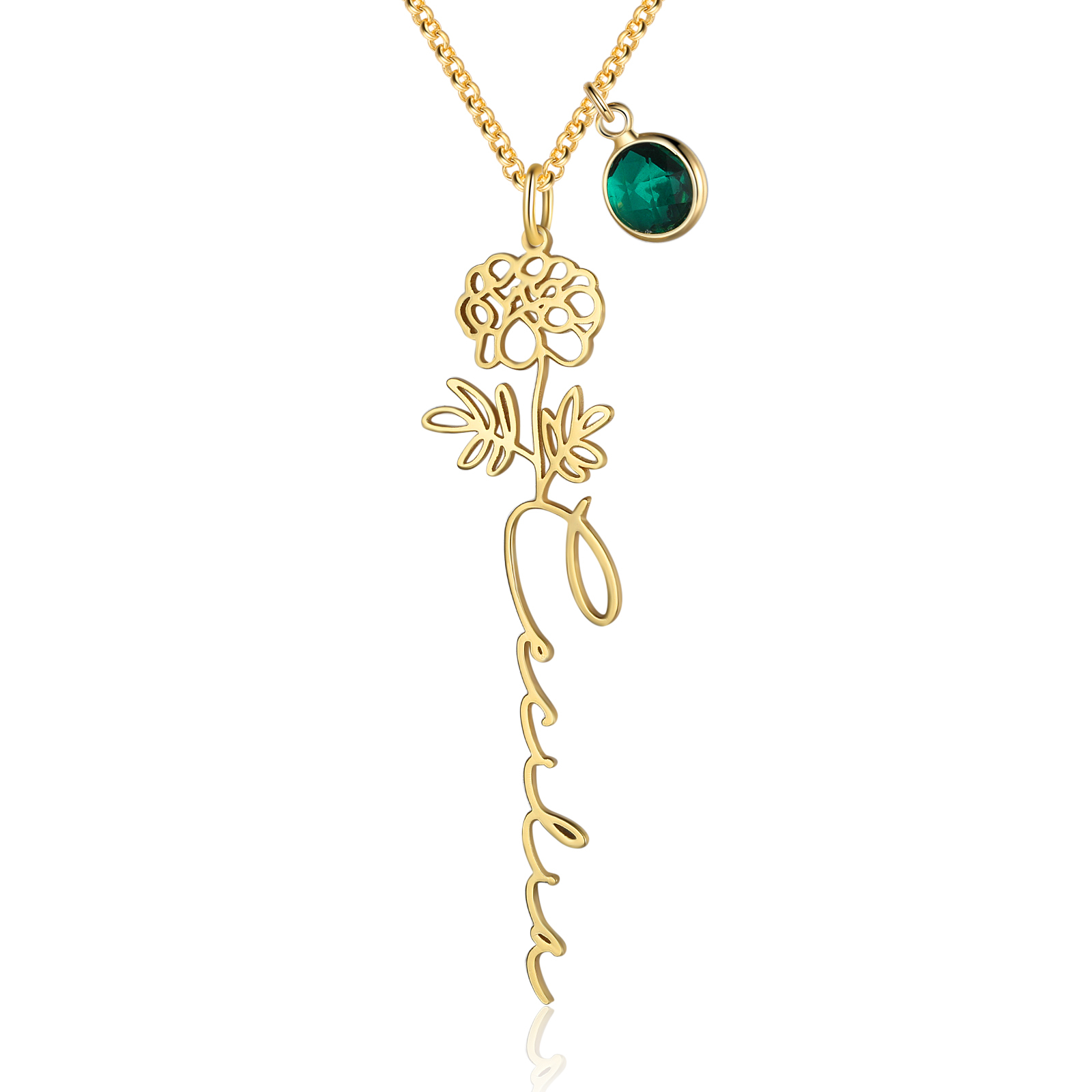 Collana 925 Argento Fiore elegante con 1 pietra di nascita e 1 nome e 1 fiore di nascita personalizzabili per donna