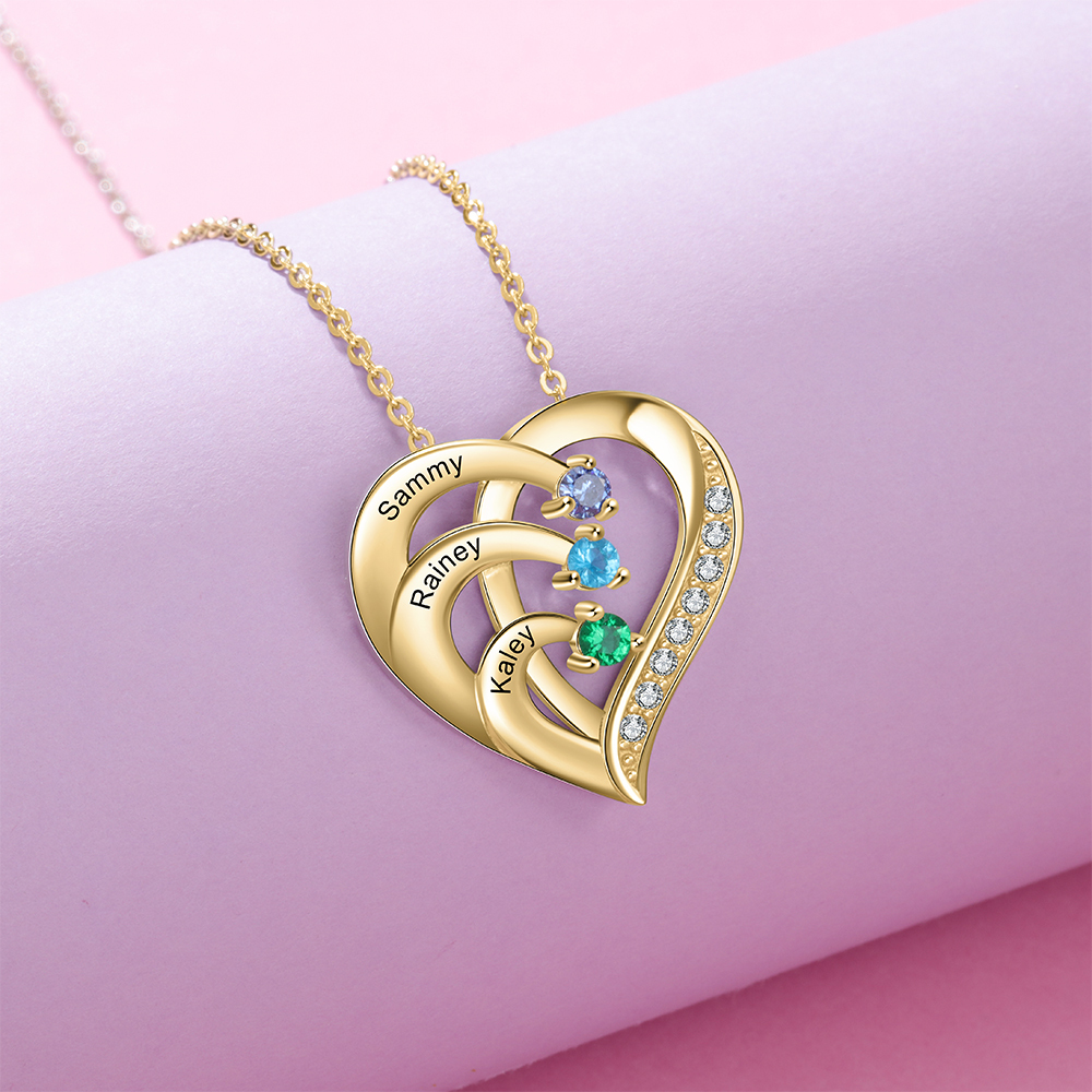 Argento S925 Collana con 3 nomi personalizzati e 3 pietre di nascita in ciondolo a cuore