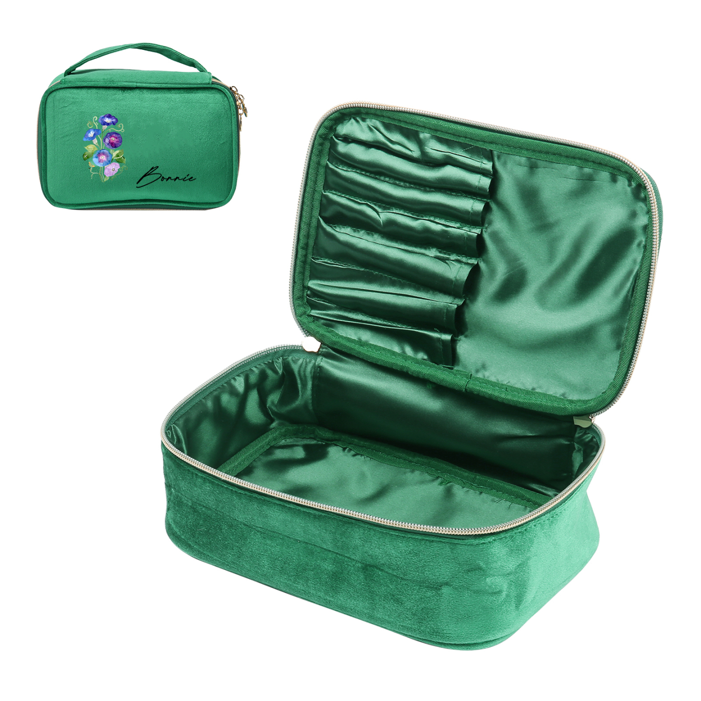 Borsa portabile per cosmetici in flanella per donna 1 nome e 1 fiore di nascita personalizzato multicolori da scegliere