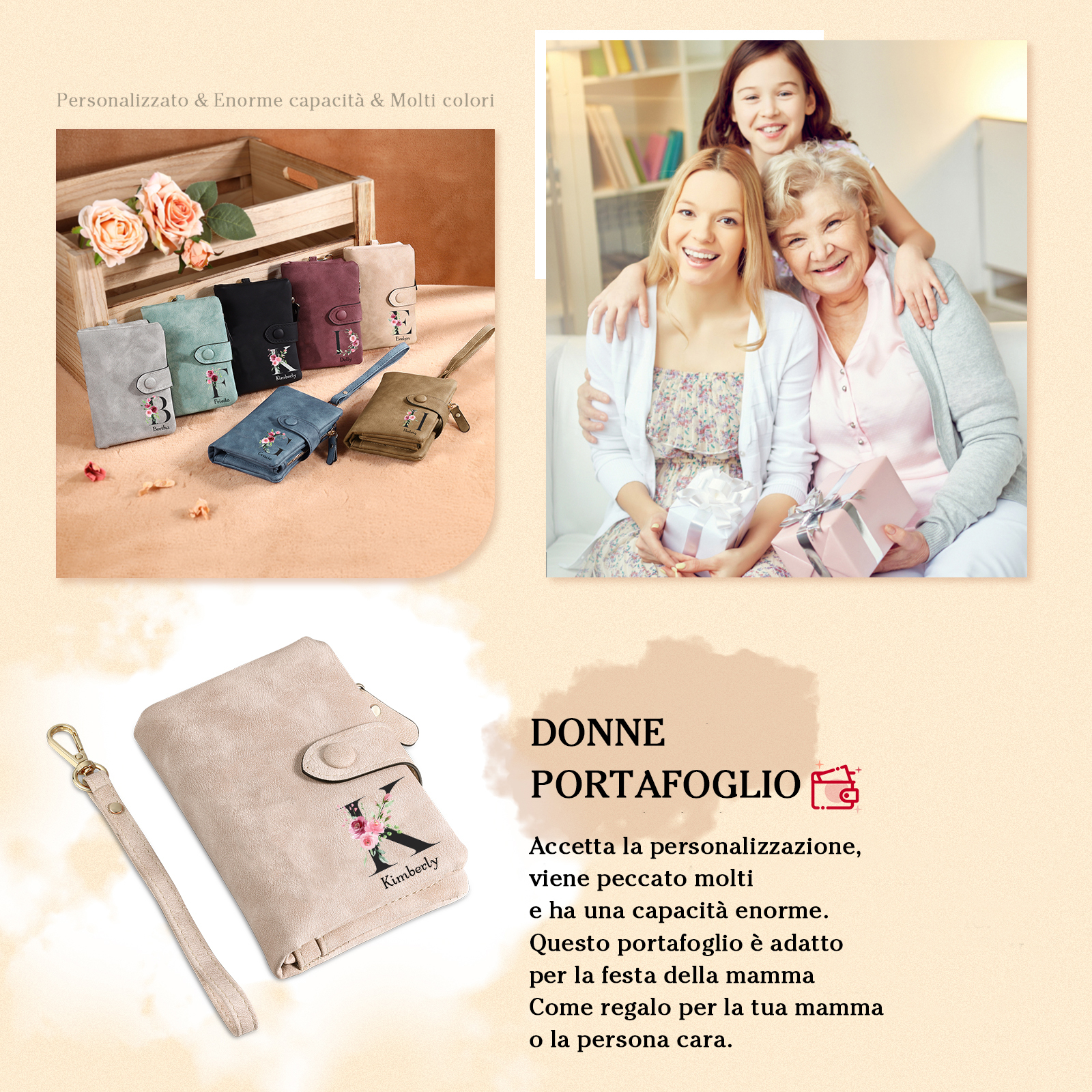 Portafoglio mano nella mano in PU pelle con 5 nomi & 1 testo & 1 lettera personalizzati per mamma