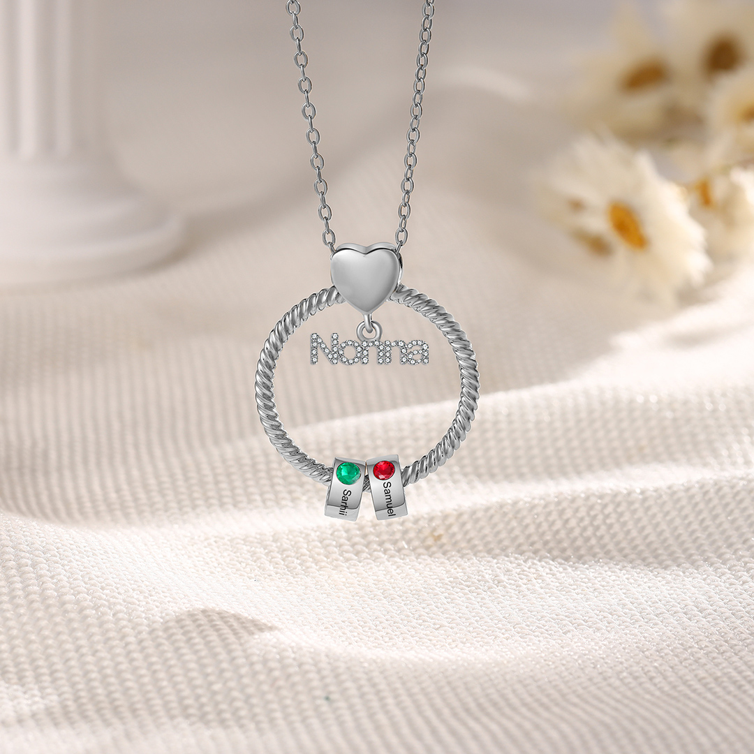 Collana con ciondolo nonna 2 nomi incisioni e pietre di nascita personalizzate