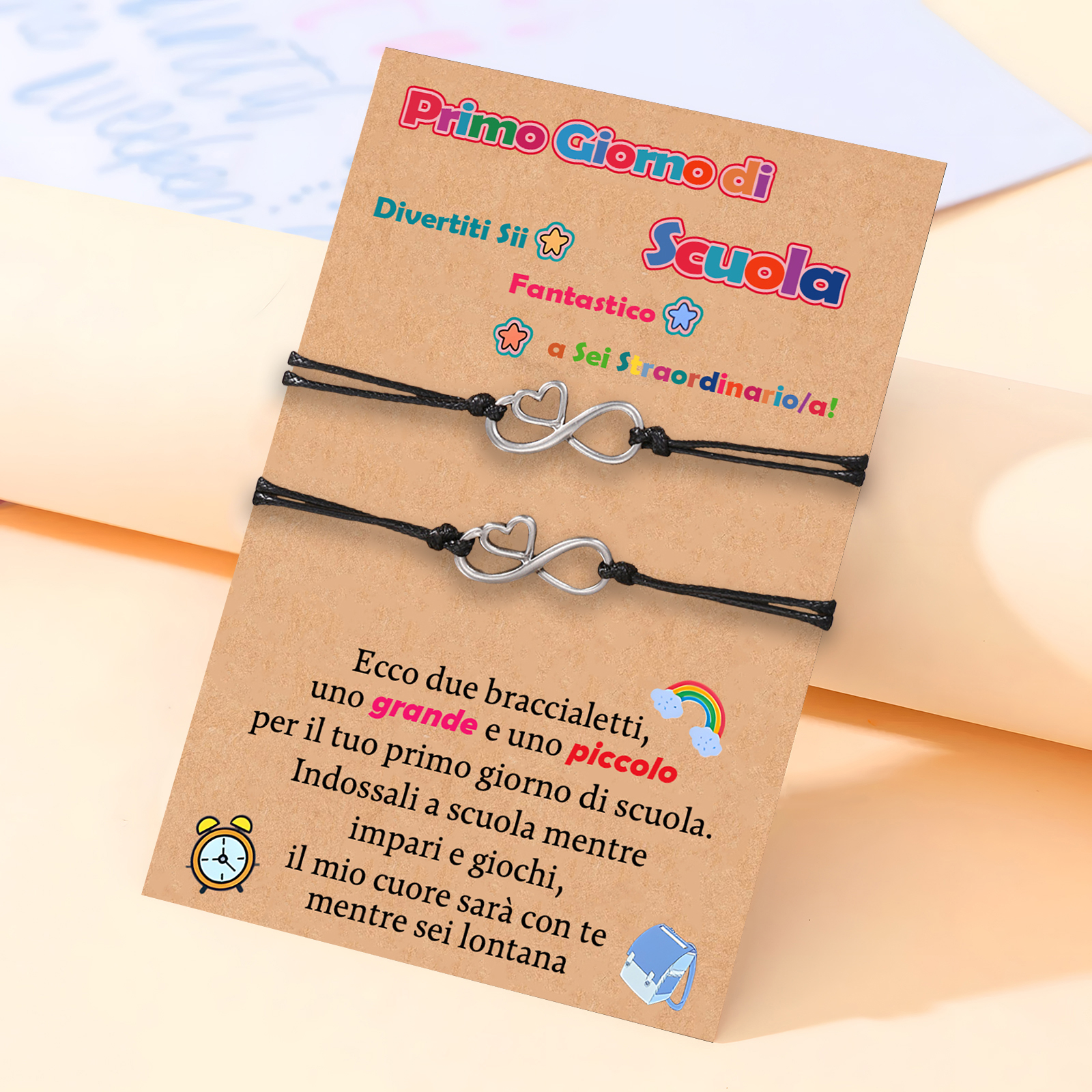 2PCS Braccialetto cuore e infinito regorabile regalo per bambina a scuola con carta