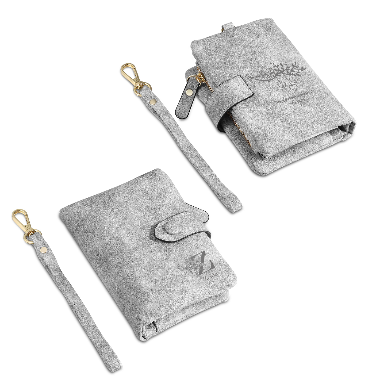 Portafoglio in PU pelle albero di vita con 4 letetre & 1 testo & 1 nome personalizzati per mamma/nonna