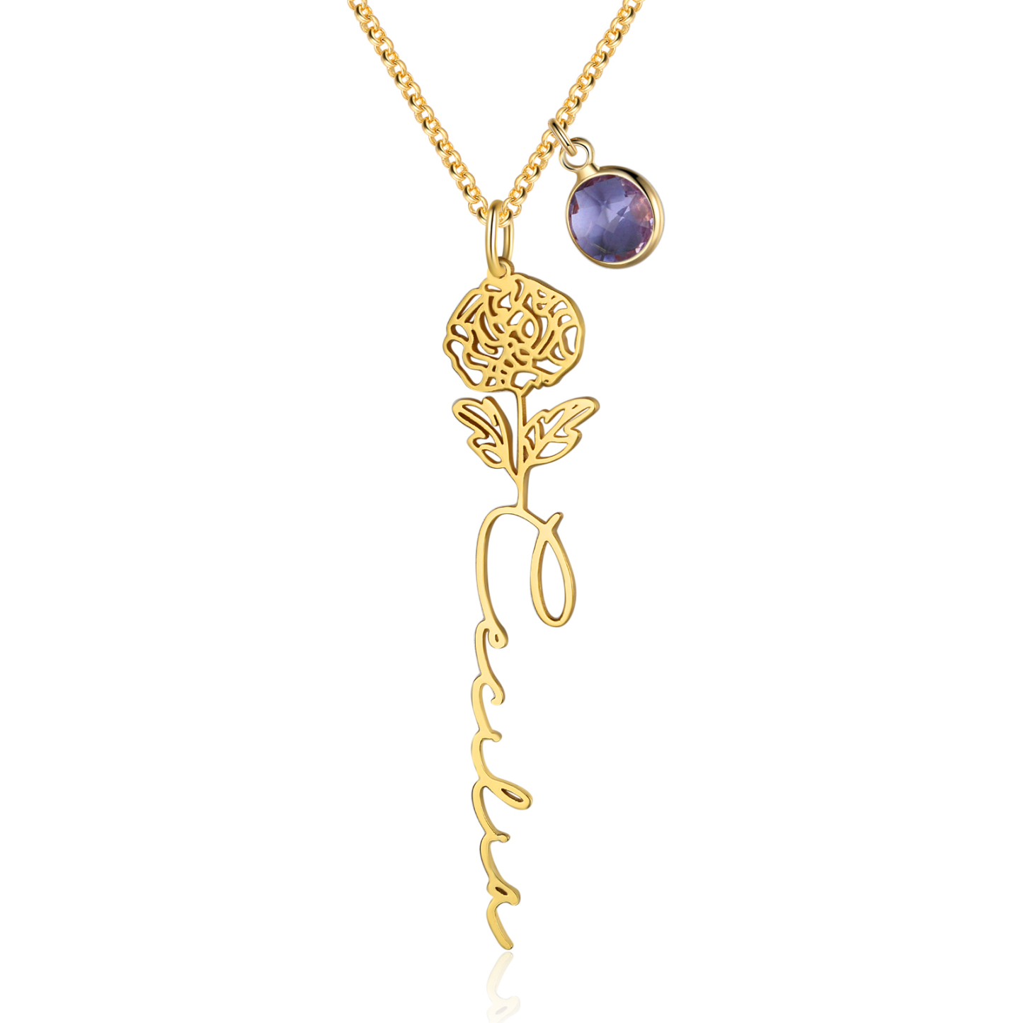 Jessemade IT Collana 925 Argento Fiore elegante con 1 pietra di nascita e 1 nome e 1 fiore di nascita personalizzabili per donna