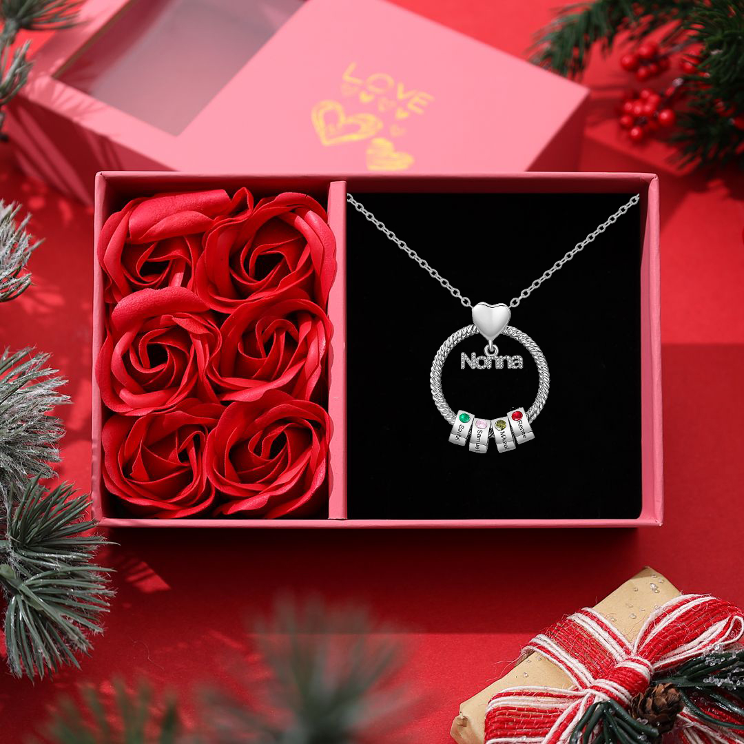 Collana con ciondolo nonna 4 nomi incisioni e pietre di nascita personalizzate