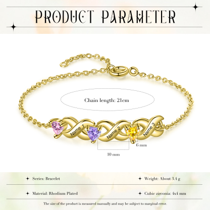 Braccialetto personalizzato con 3 nomi e 3 cuore pietre di nascita regalo per donna