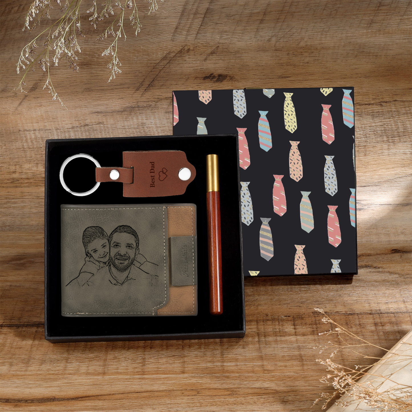 Personalized Leather Wallet Gift Box Set with Keychain Customizable Photo,Text ,Name and Letter Wallet Gift for Him