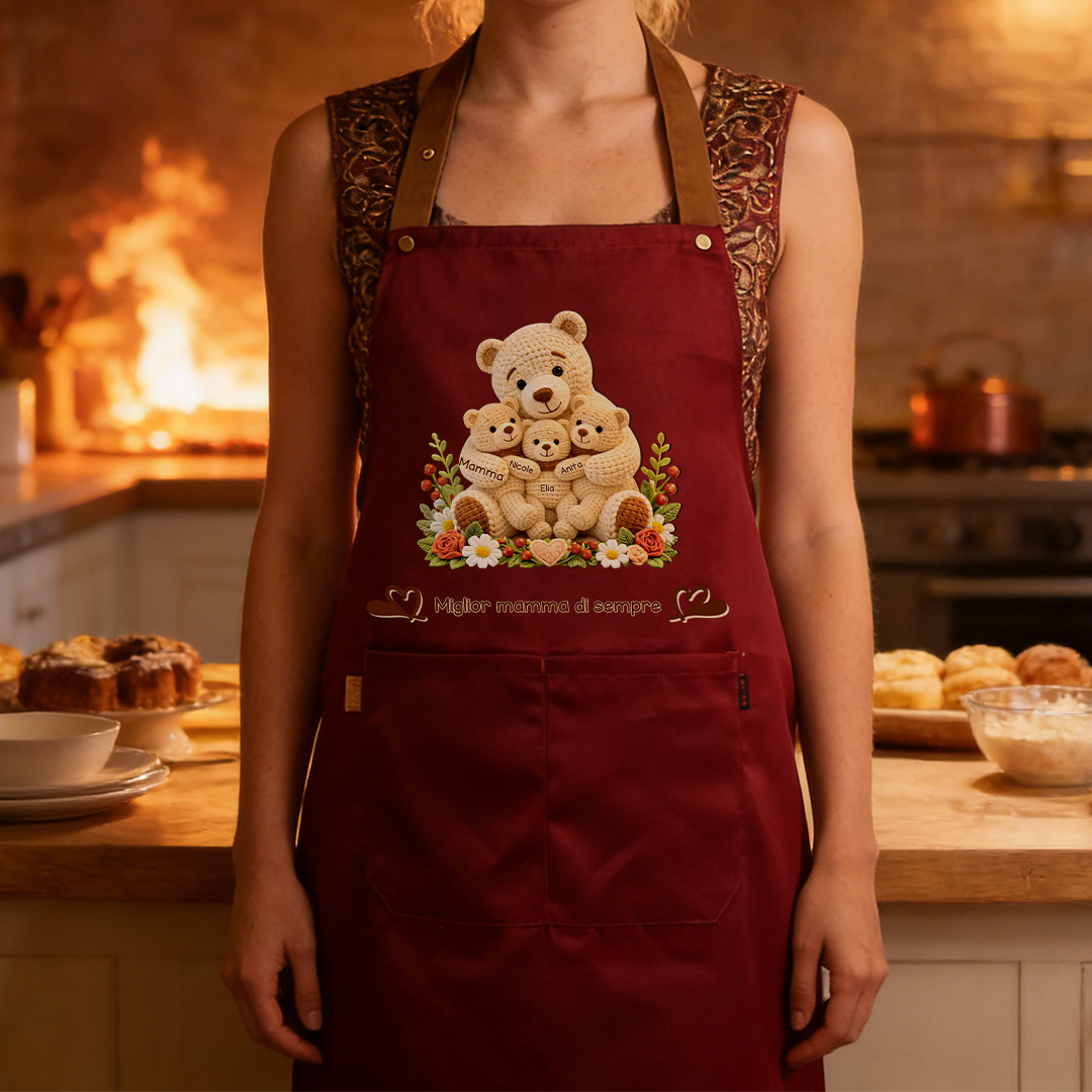 Grembiule da cucina personalizzato con tasca, personalizzabile con 1–10 nomi e orso