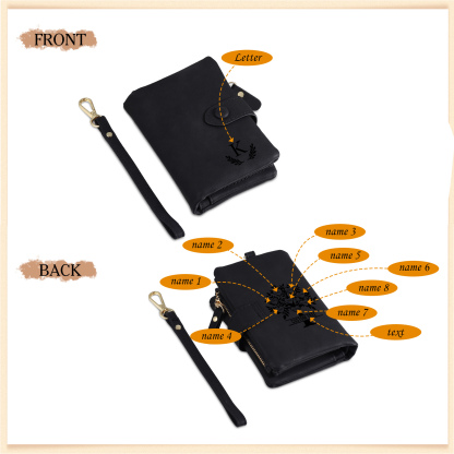 Portafoglio Albero della vita in PU pelle con 8 nomi & 1 testo & 1 lettera personalizzati per donna