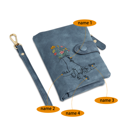 Portafoglio in PU pelle fiore mano con 4 nomi personalizzati per mamma/nonna