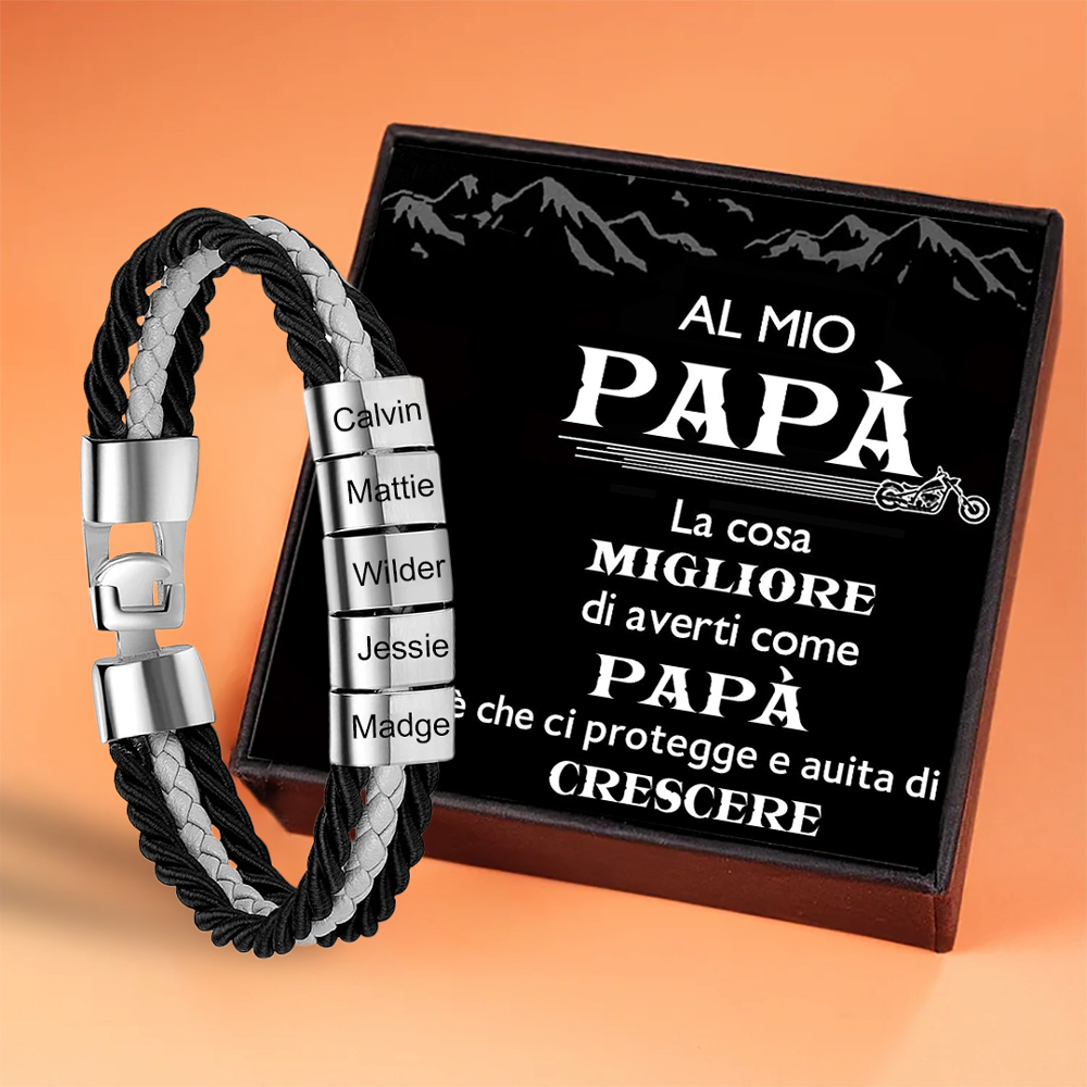 Bracciale Uomo Personalizzato in Pelle – Incisione 5 Nomi – Regalo Elegante per Papà o Lui | Jessemade