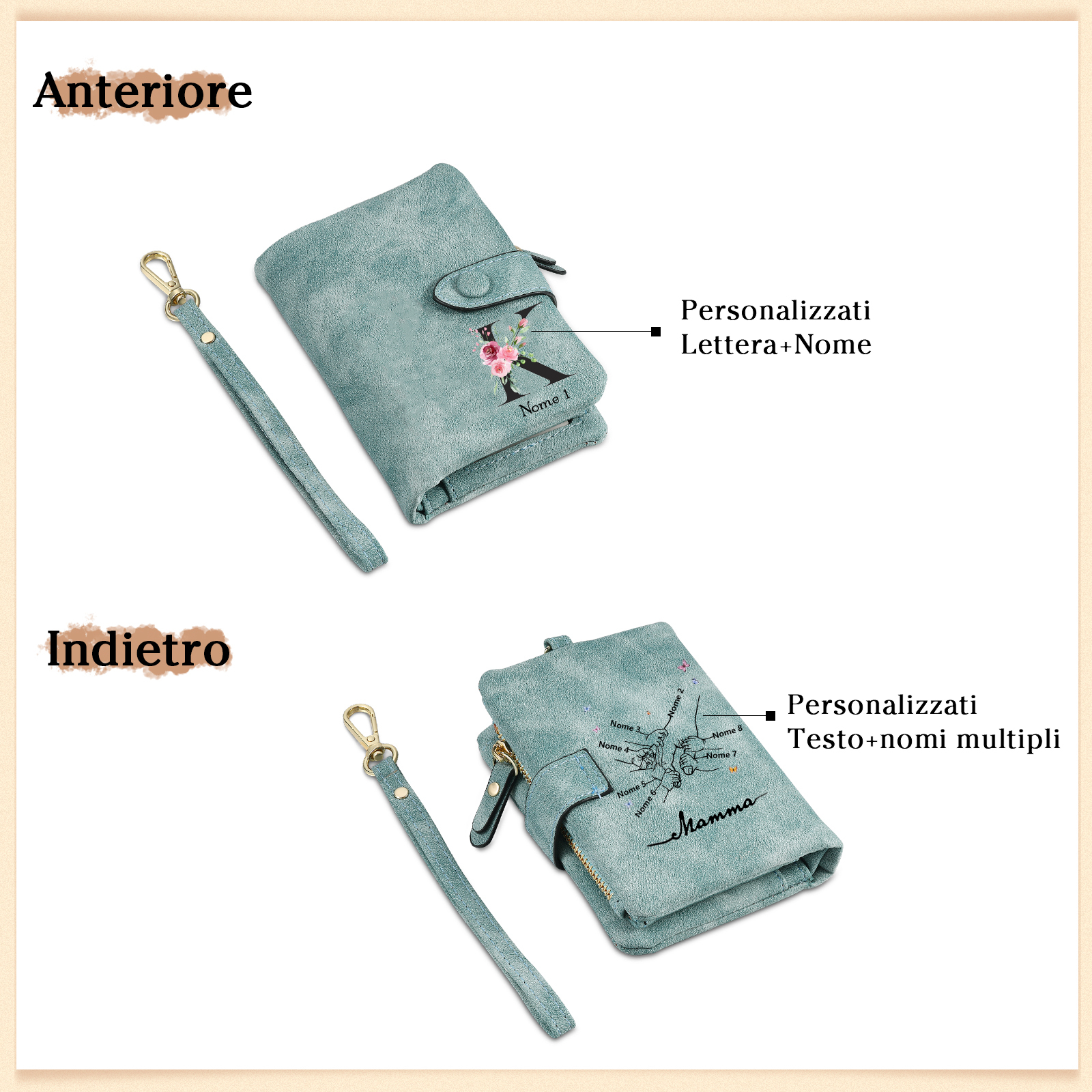 Portafoglio mano nella mano in PU pelle con 8 nomi & 1 testo & 1 lettera personalizzati per mamma