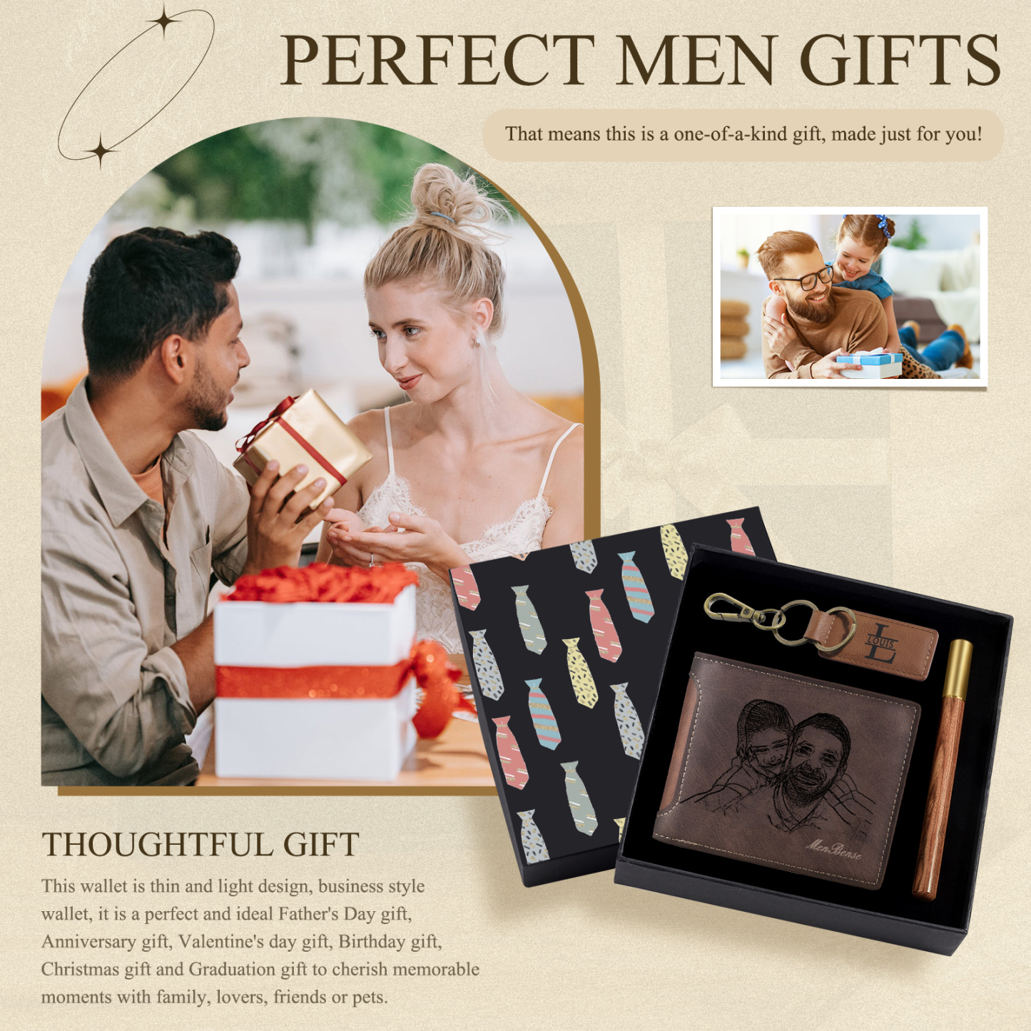 Personalized Leather Wallet Gift Box Set with Letter Name Keychain Customizable Photo and Text Wallet Gift for Him