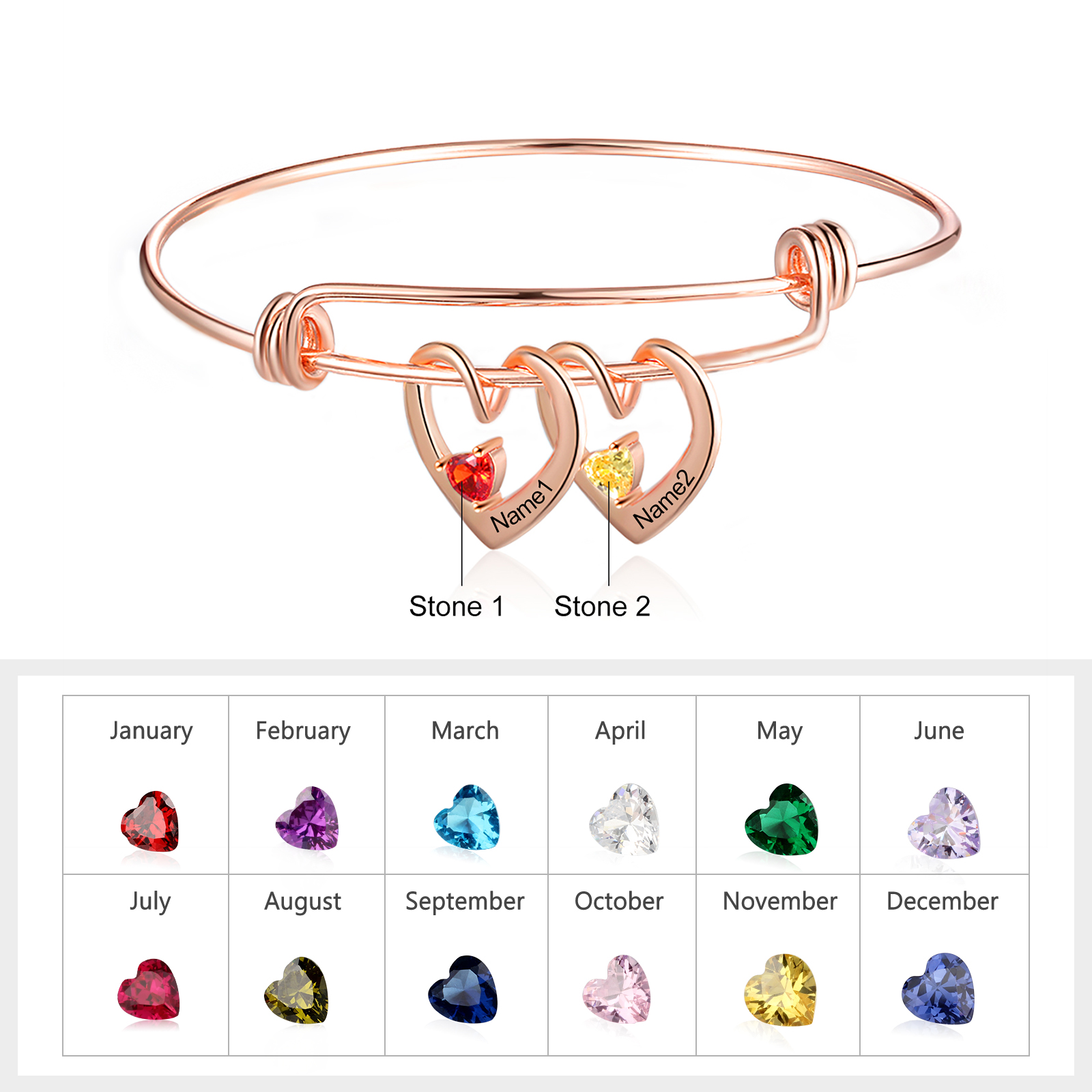 Bracciale con 2 nomi personalizzati e 2 pietre di nascita