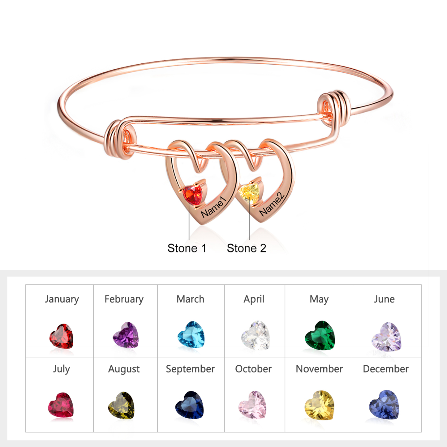 Bracciale con 2 nomi personalizzati e 2 pietre di nascita