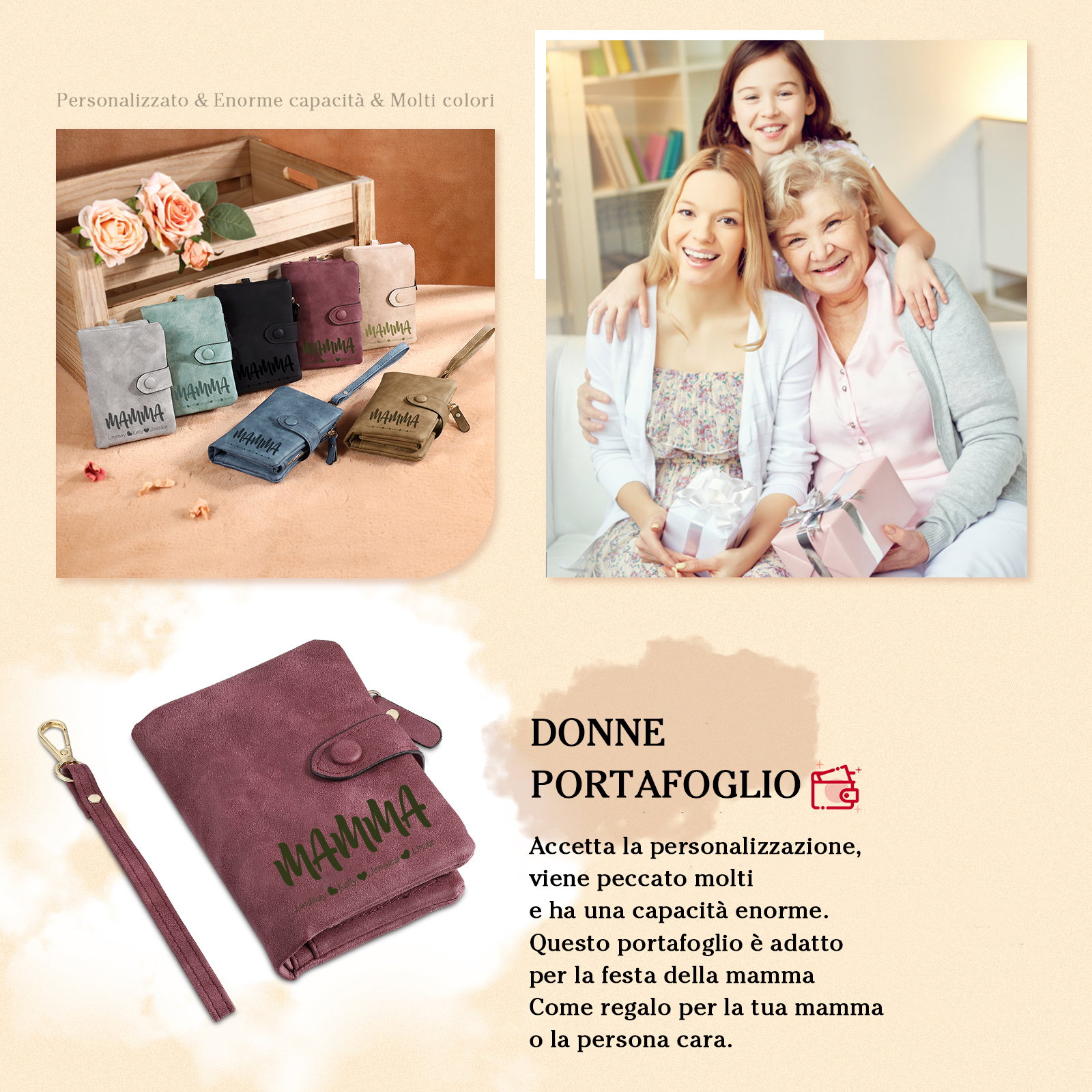 Portafoglio in PU pelle con 3 nomi & 1 testo & 1 foto personalizzati per mamma