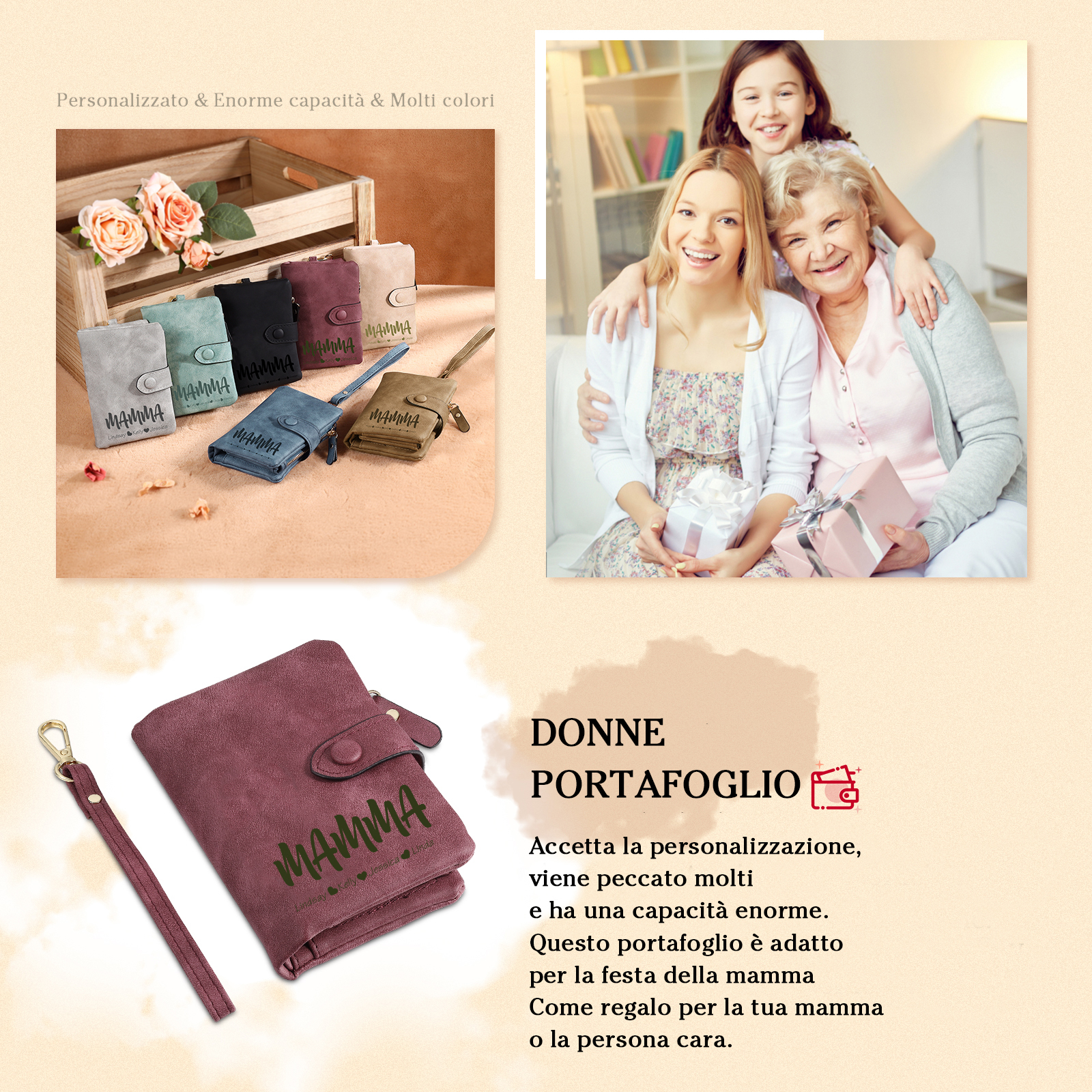 Portafoglio in PU pelle con 3 nomi & 1 testo & 1 foto personalizzati per mamma