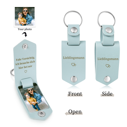 Portachiavi azzurro in Pelle 1 foto e 2 testi personalizzati per mamma