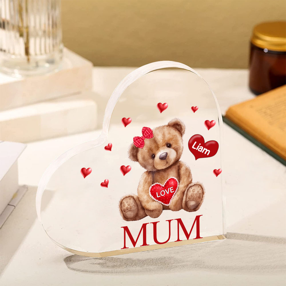 MAMMA Decorazione acrilica con orsacchiotto a forma di cuore 1 nome e 2 testi personalizzati per mamma/nonna