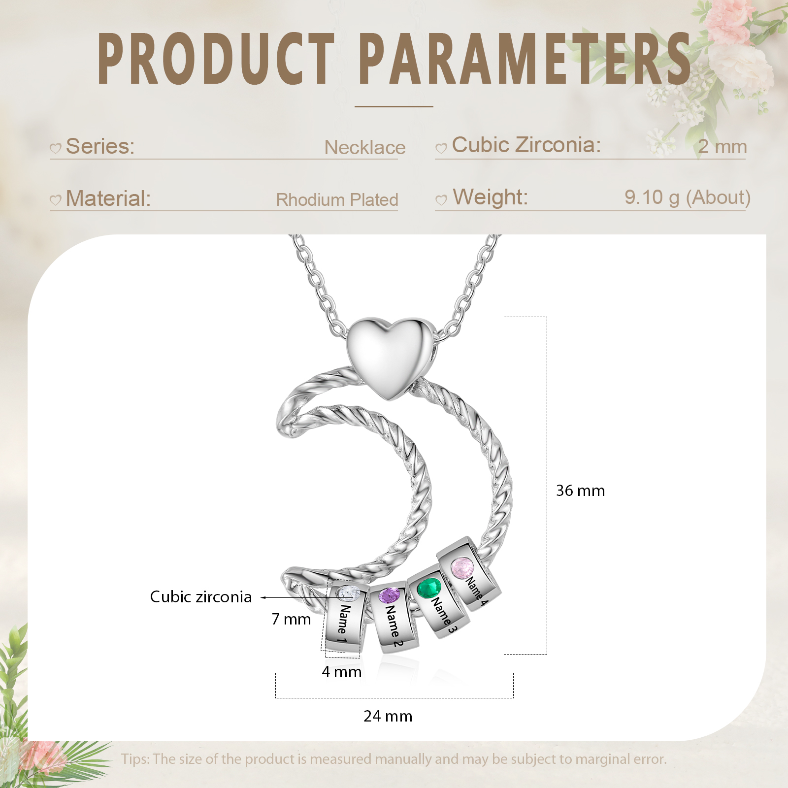 Collana Luna con 4 nomi e 4 pietre personalizzati per donna