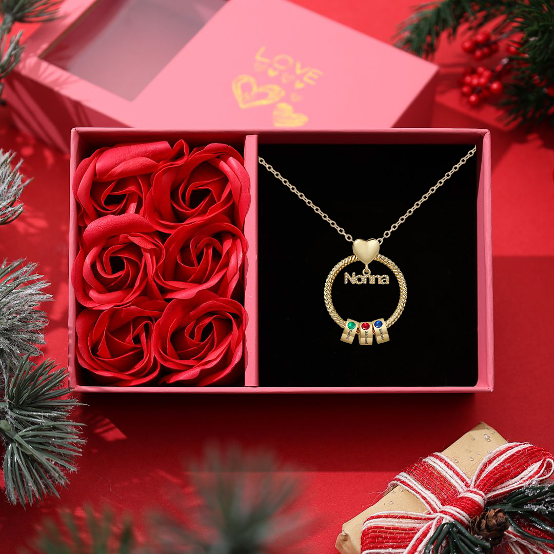 Collana con ciondolo nonna 3 nomi incisioni e pietre di nascita personalizzate
