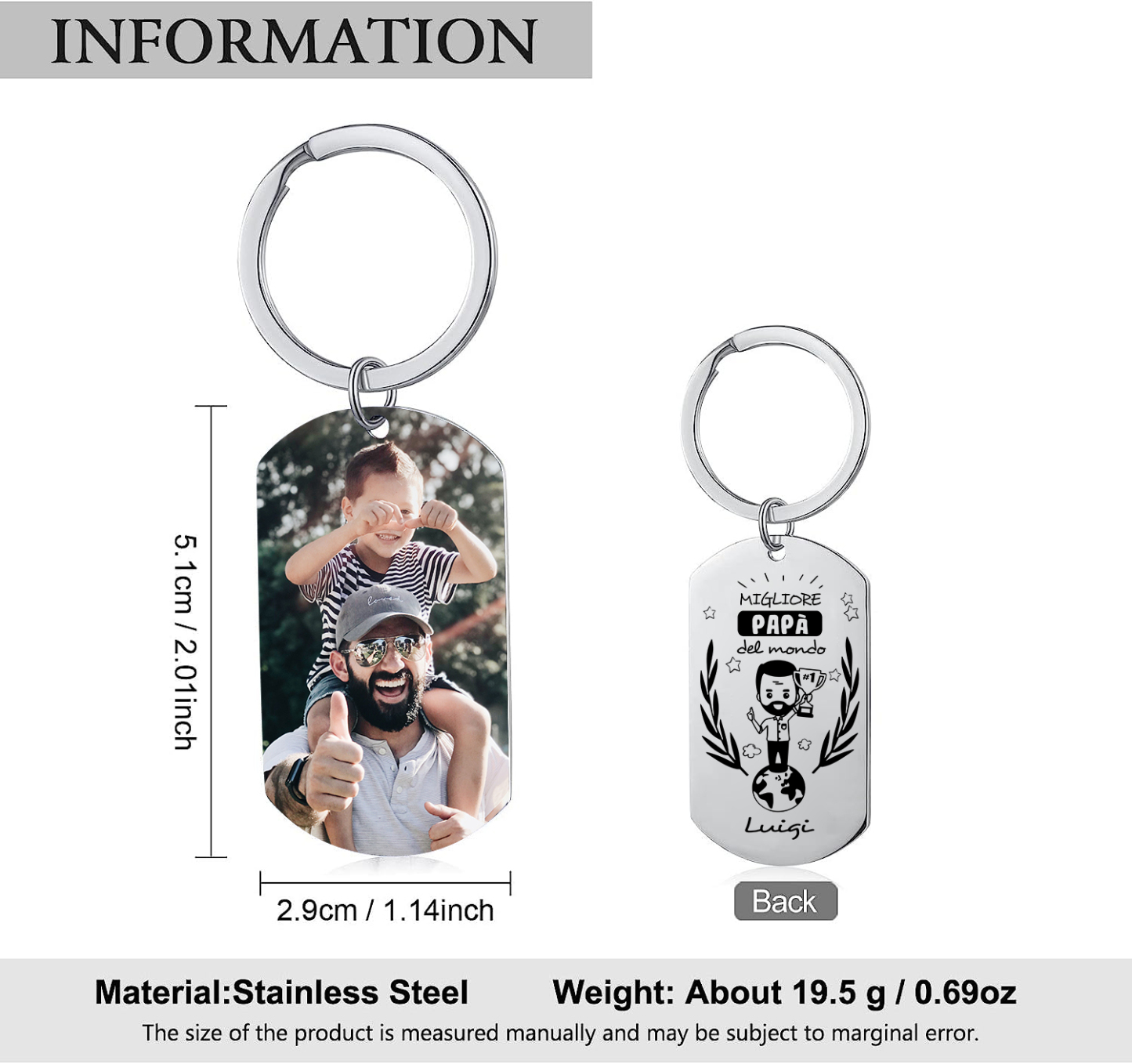 PREMIO PER IL MIGLIORE PADRE LUIGI-Portachiavi personalizzato con foto e nome