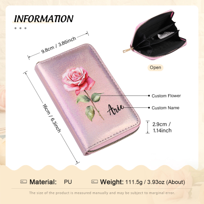 Portafoglio in PU pelle con 1 fiore di nascita & 1 nome personalizzati per mamma/nonna