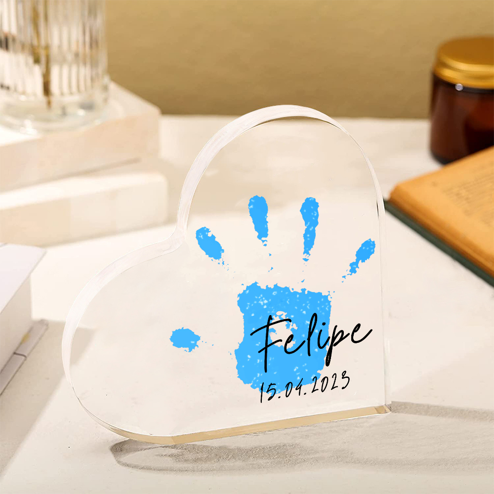 Decorazione acrilica impronta di mano a forma di cuore 1 nome e 1 data personalizzati