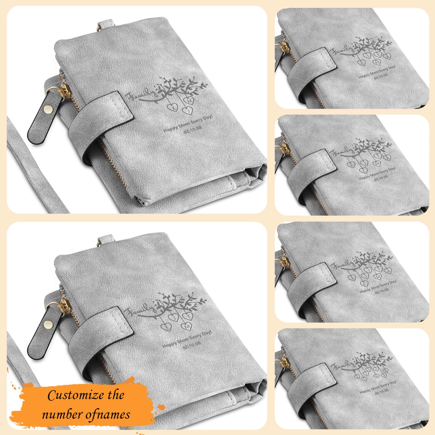 Portafoglio in PU pelle albero di vita con 4 letetre & 1 testo & 1 nome personalizzati per mamma/nonna