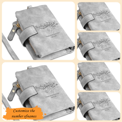 Portafoglio in PU pelle albero di vita con 4 letetre & 1 testo & 1 nome personalizzati per mamma/nonna