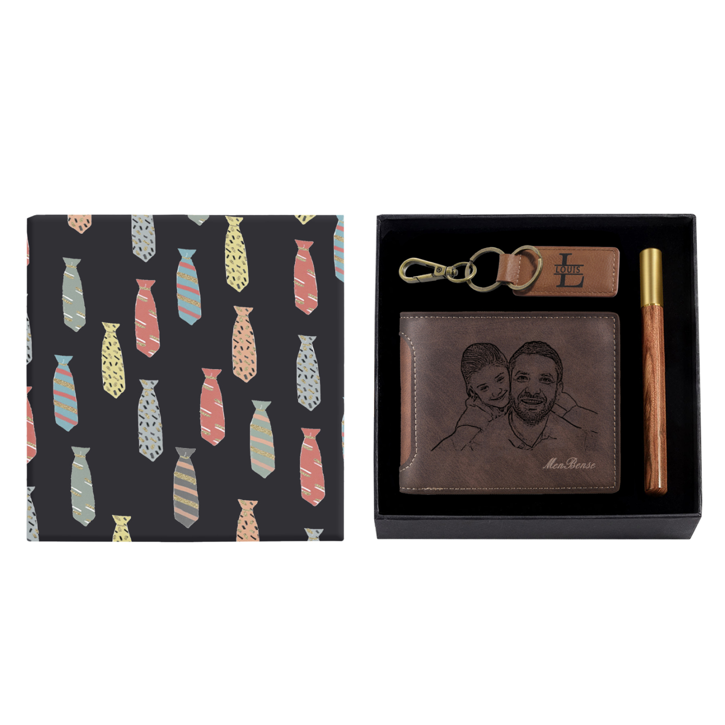 Personalized Leather Wallet Gift Box Set with Letter Name Keychain Customizable Photo and Text Wallet Gift for Him