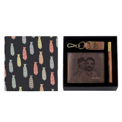 Personalized Leather Wallet Gift Box Set with Letter Name Keychain Customizable Photo and Text Wallet Gift for Him