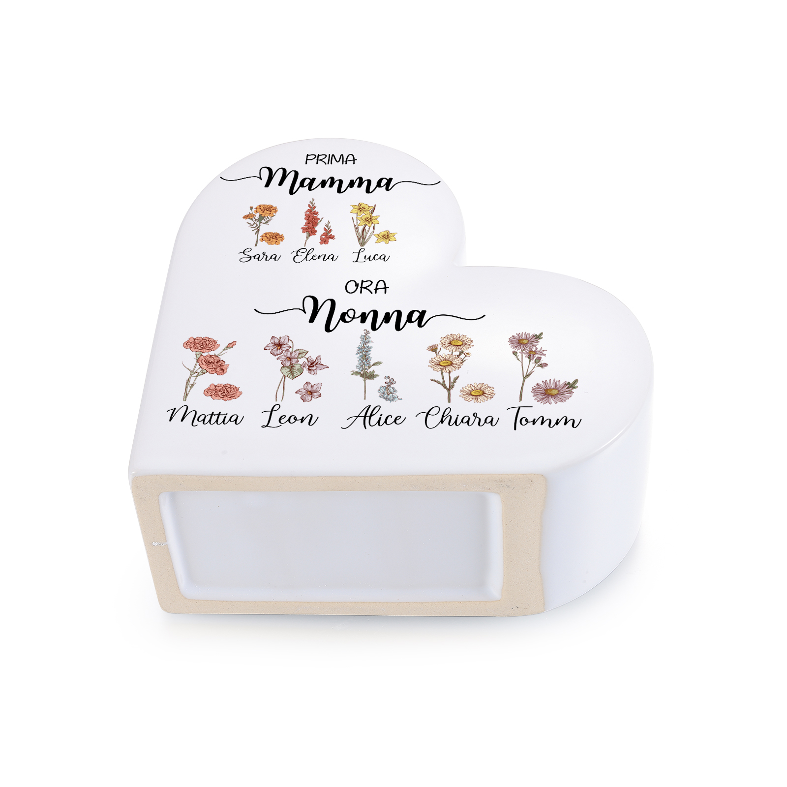 Vaso Cuore in Ceramica Personalizzato con 2–10 Nomi e Fiori di Nascita, regalo per la Festa della Mamma per Nonna e Mamma
