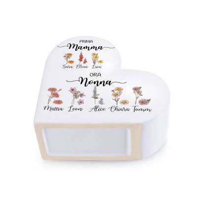 Vaso Cuore in Ceramica Personalizzato con 2–10 Nomi e Fiori di Nascita, regalo per la Festa della Mamma per Nonna e Mamma