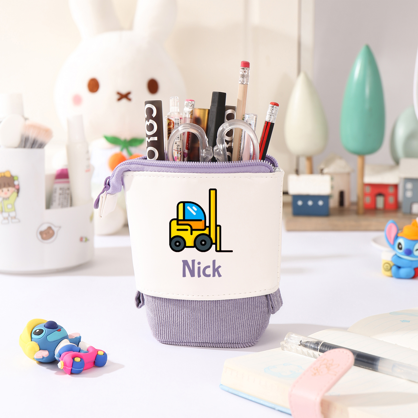 Astuccio per matite personalizzato con 1 nome e 1 veicolo da costruzione regalo per scuola elementare bambini