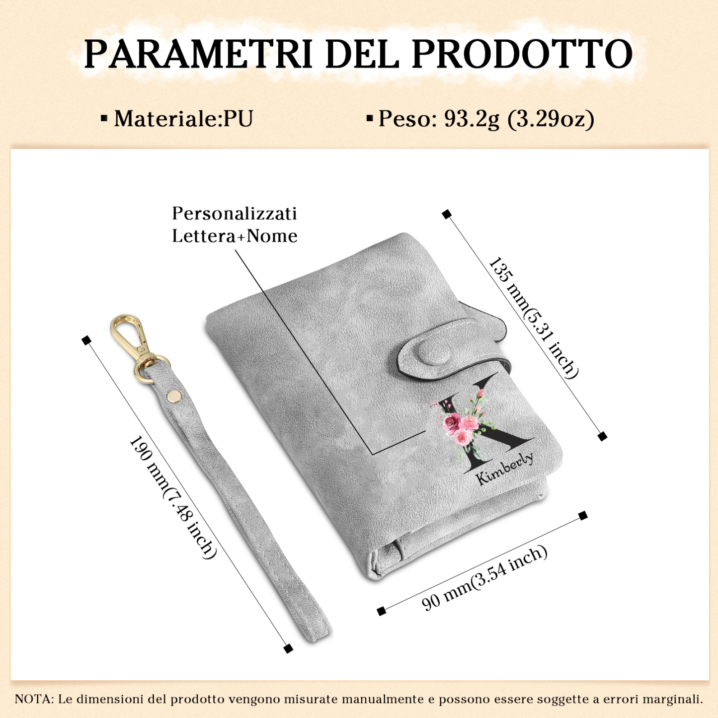 Portafoglio mano nella mano in PU pelle con 6 nomi & 1 testo & 1 lettera personalizzati per mamma
