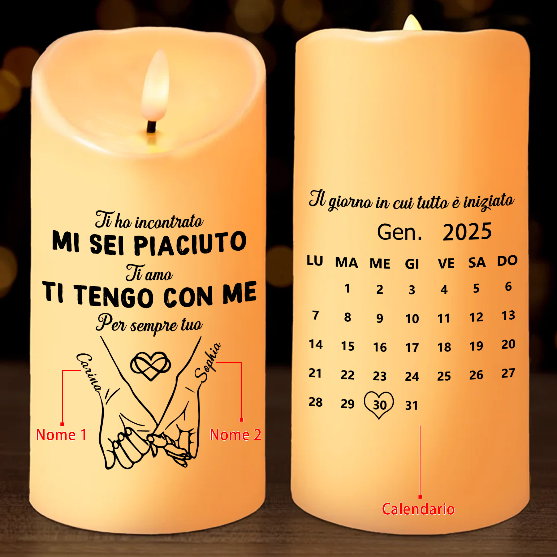 Candela a LED personalizzata per coppia con 2 nomi
