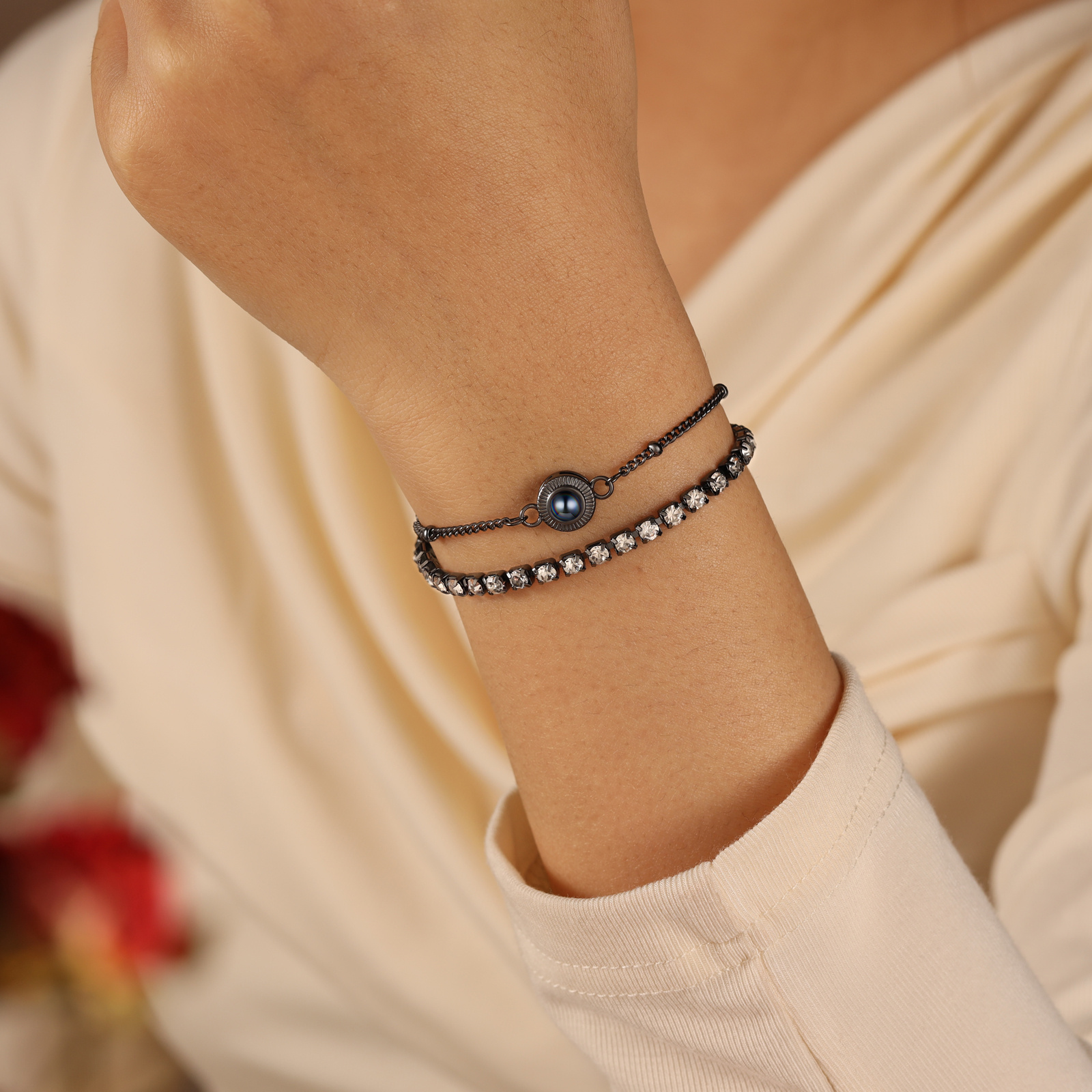 Bracciale con proiezione fotografica personalizzata e doppia fila di strass – bracciale da donna regolabile