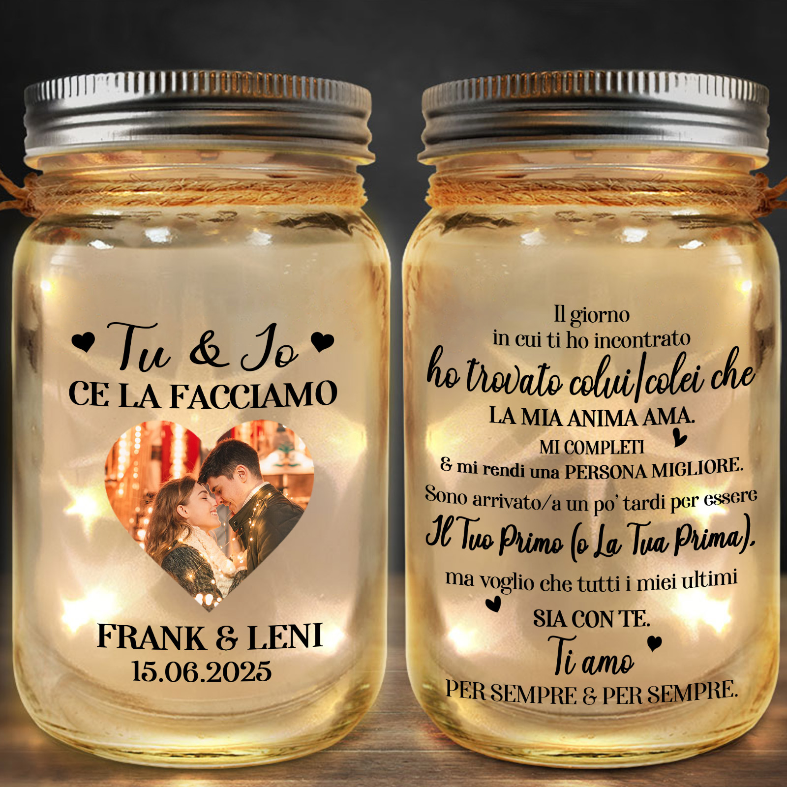 Barattolo Luminoso con Foto e Messaggio d’Amore – Lampada Ricordo Personalizzata per Coppia