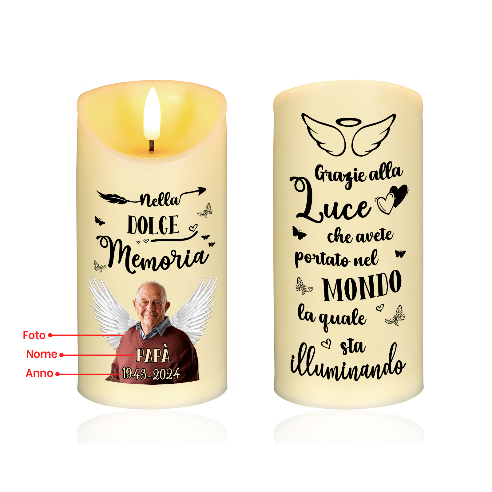 Candela Commemorativa LED Personalizzata con Foto, Nome e Data – Regalo Speciale per la Famiglia | Jessemade