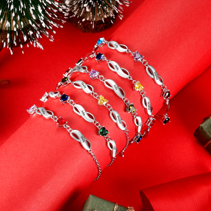 Braccialetto infinito con 2 pietre di nascita a forma di cuore e 2 nomi personalizzati