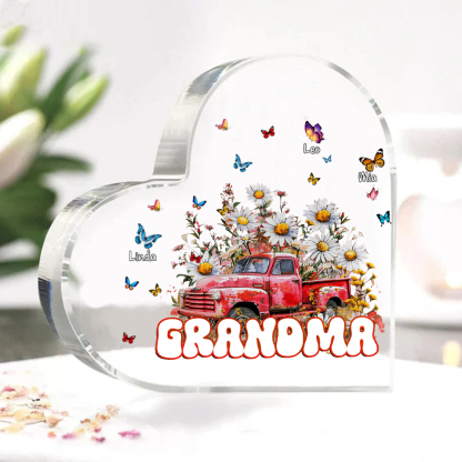 Test-Mamma-Decorazione acrilica con fiori e macchina 3 nomi e 1 testo personalizzati per mamma/nonna