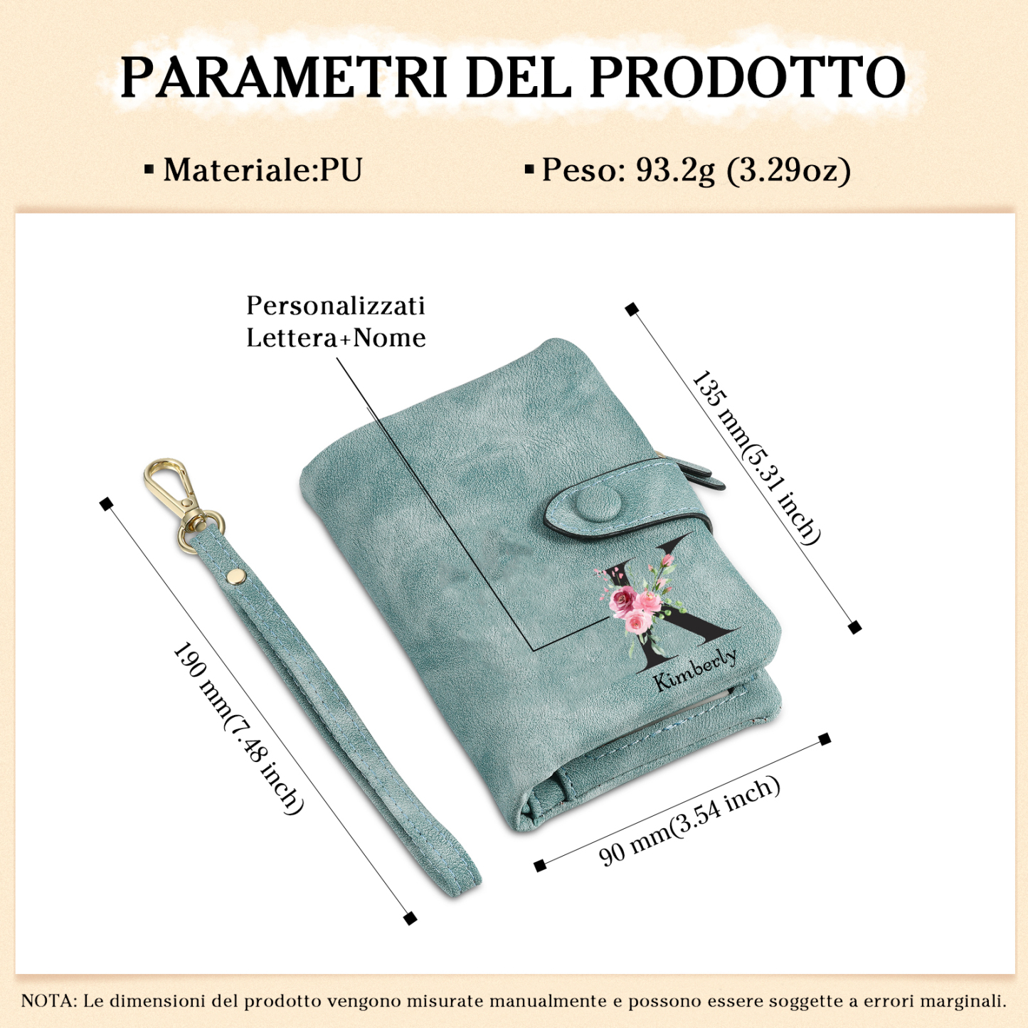 Portafoglio mano nella mano in PU pelle con 7 nomi & 1 testo & 1 lettera personalizzati per mamma