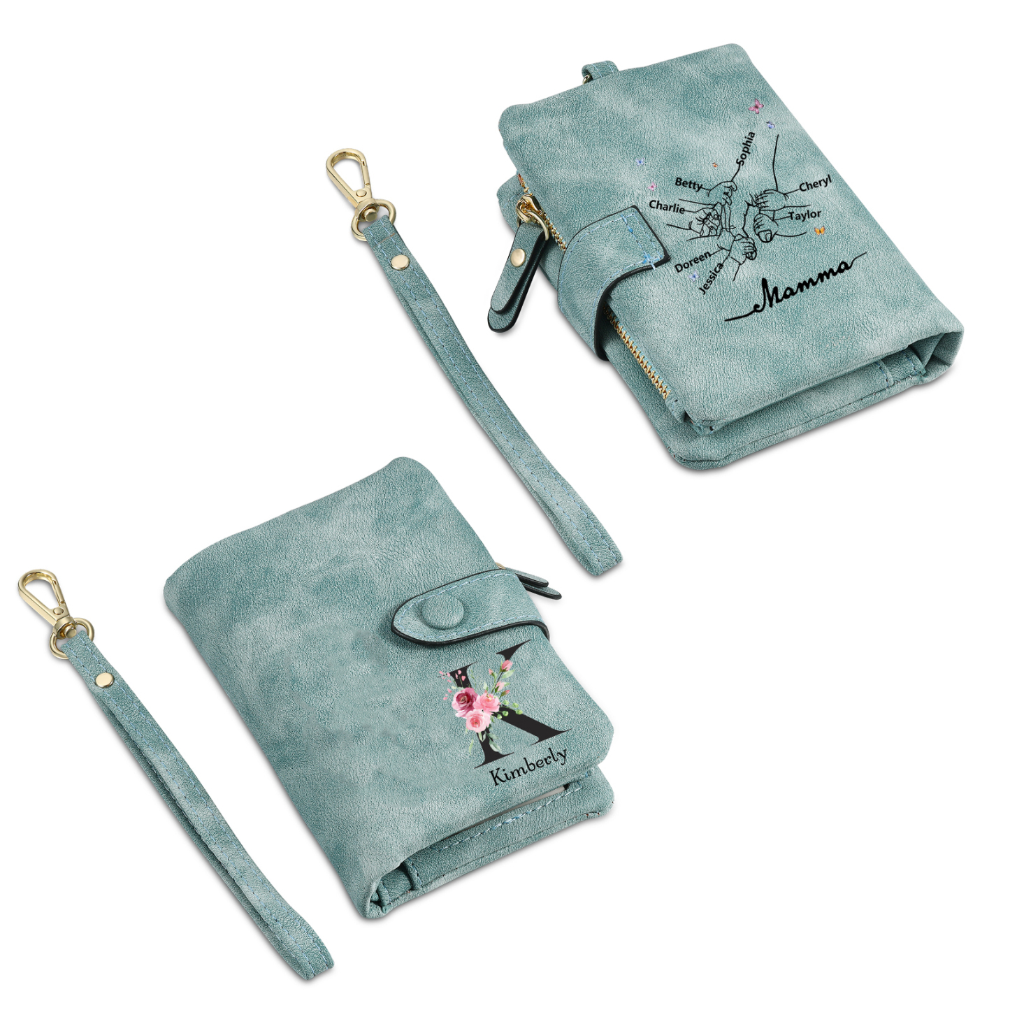 Portafoglio mano nella mano in PU pelle con 8 nomi & 1 testo & 1 lettera personalizzati per mamma