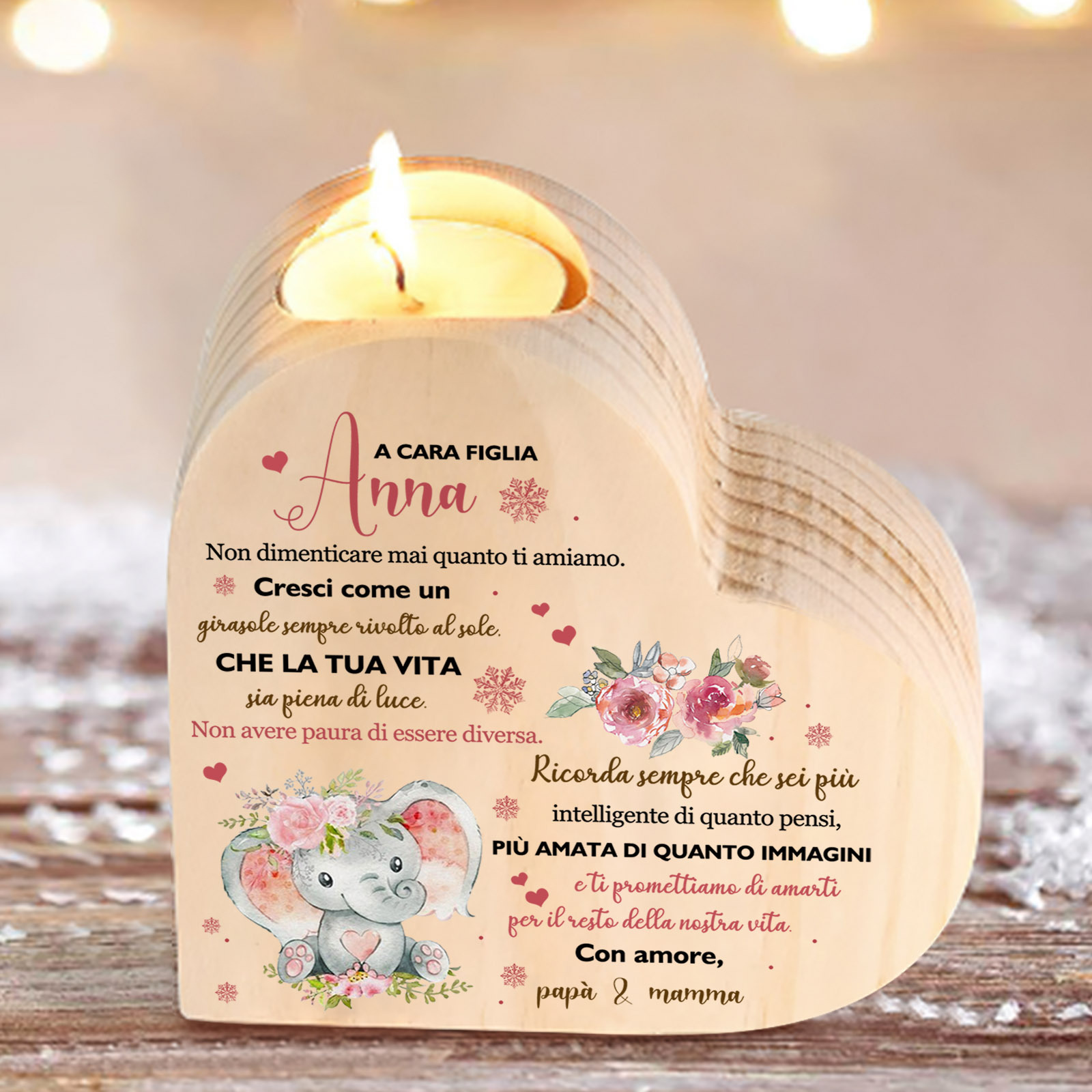 Candeliere portacandela cuore elefante rosa regalo per cara figlia