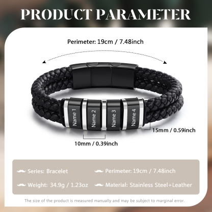 Bracciale Uomo Personalizzato in Pelle – Incisione 4 Nomi – Regalo Elegante per Papà e Lui | Jessemade